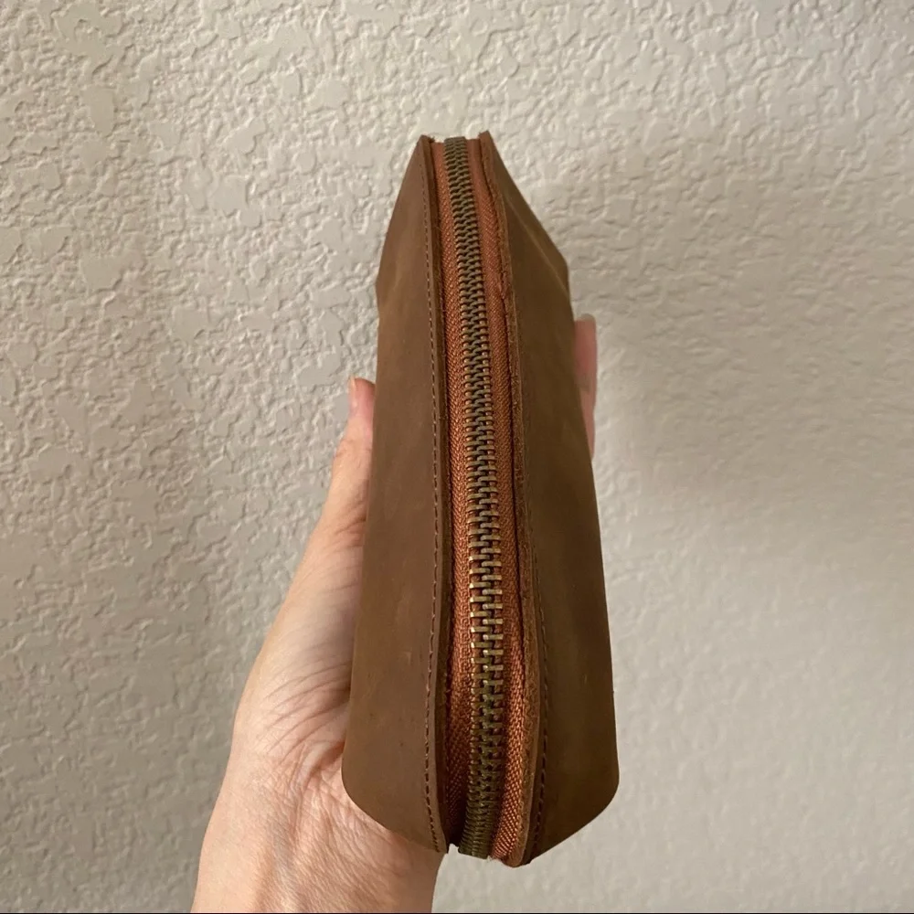 Crazy Horse Real Leather Brown Zipper Pencil Pouch Makeup Bag